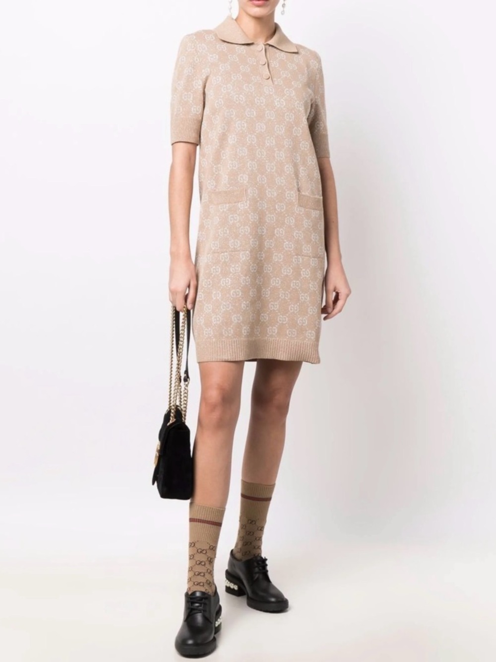 Gucci GG Lamé Jacquard Polo Dress Color Camel Size Large